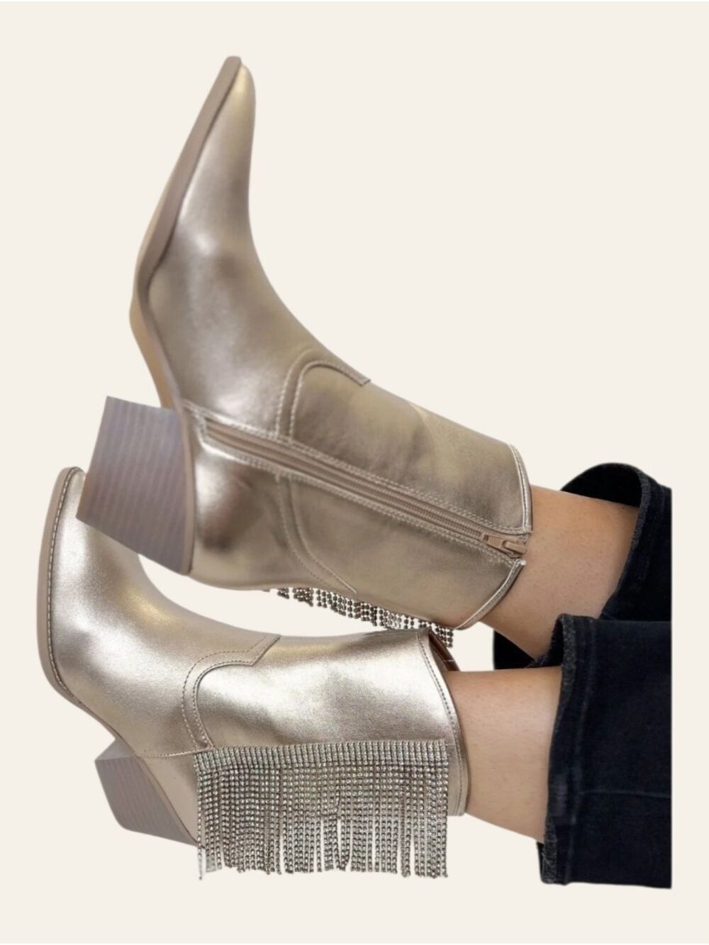 Oasis Society Champagne Rhinestone Fringe Western Ankle Boots 6 NIB